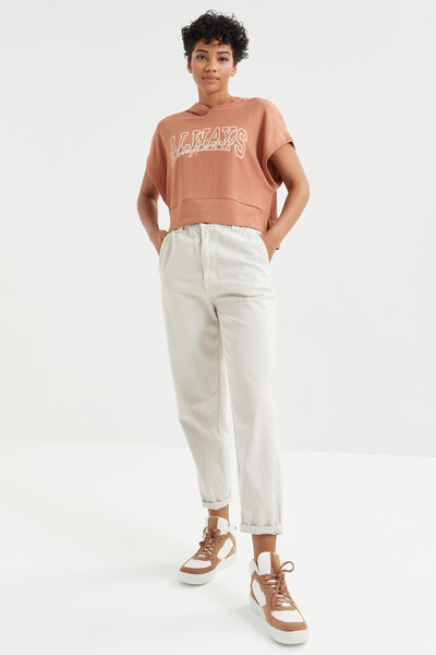 Tommylife Wholesale Cinnamon Colour With Text Printed Hooded Oversize Crop Top Women's T-shirt - 97229 - Thumbnail