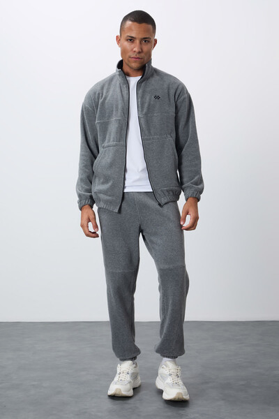 Tommylife Wholesale Comfort Fit Basic Men's Fleece Tracksuit Set 85269 Gray Melange - Thumbnail