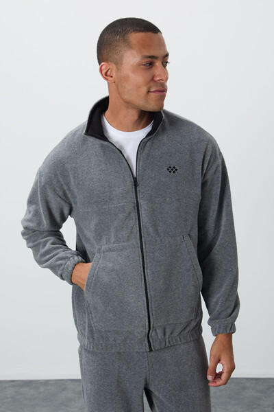 Tommylife Wholesale Comfort Fit Basic Men's Fleece Tracksuit Set 85269 Gray Melange - Thumbnail