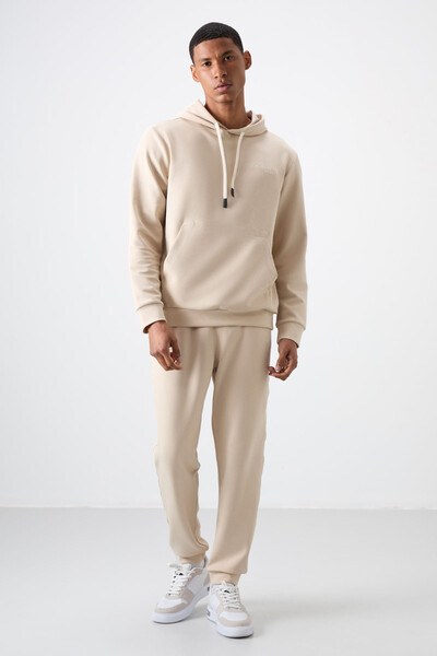 Tommylife Wholesale Comfort Fit Basic Men's Tracksuit Set 85255 Beige - Thumbnail