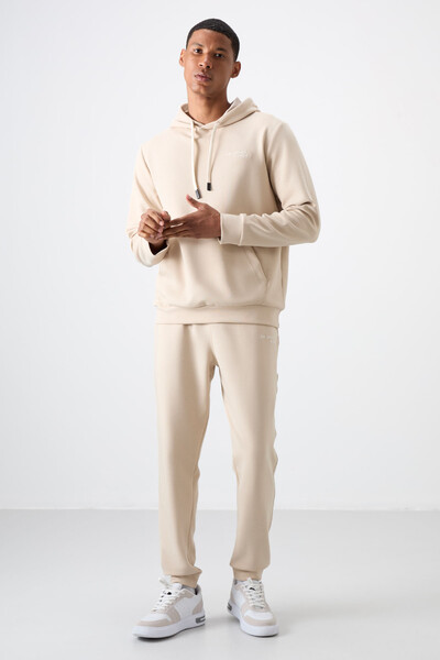 Tommylife Wholesale Comfort Fit Basic Men's Tracksuit Set 85255 Beige - Thumbnail