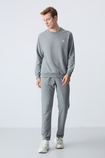 Tommylife Wholesale Comfort Fit Basic Men's Tracksuit Set 85256 Gray Melange - Thumbnail