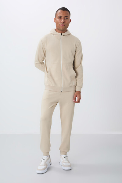 Tommylife Wholesale Comfort Fit Basic Men's Tracksuit Set 85262 Beige - Thumbnail