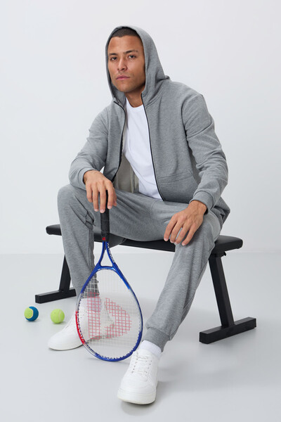 Tommylife Wholesale Comfort Fit Basic Men's Tracksuit Set 85262 Gray Melange - Thumbnail