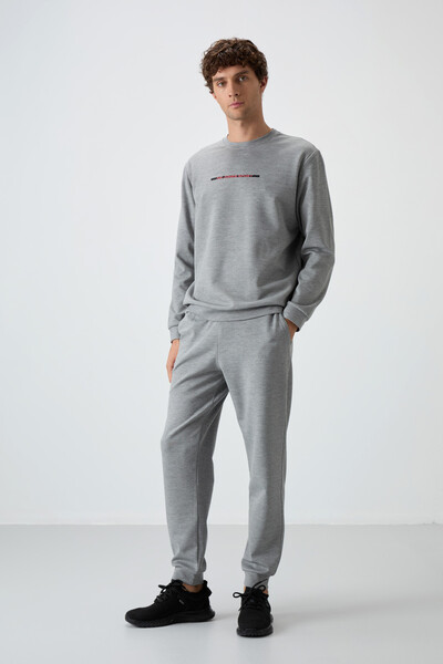 Tommylife Wholesale Comfort Fit Printed Men's Tracksuit Set 85239 Gray Melange - Thumbnail