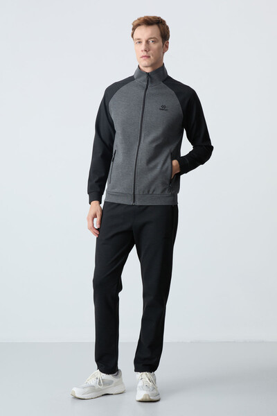 Tommylife Wholesale Comfort Fit Stand Collar Men's Tracksuit Set 85113 Anthracite - Black - Thumbnail