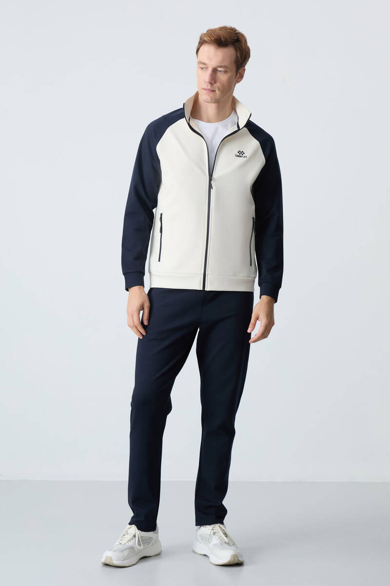 TOMMYLIFE - Tommylife Wholesale Comfort Fit Stand Collar Men's Tracksuit Set 85113 Beige - Navy Blue