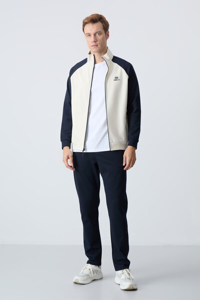 Tommylife Wholesale Comfort Fit Stand Collar Men's Tracksuit Set 85113 Beige - Navy Blue - Thumbnail