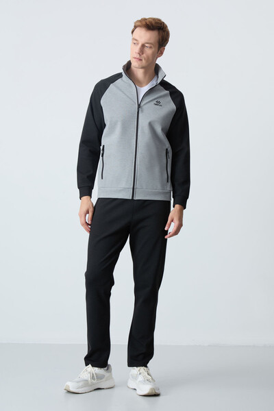 Tommylife Wholesale Comfort Fit Stand Collar Men's Tracksuit Set 85113 Gray Melange - Black - Thumbnail