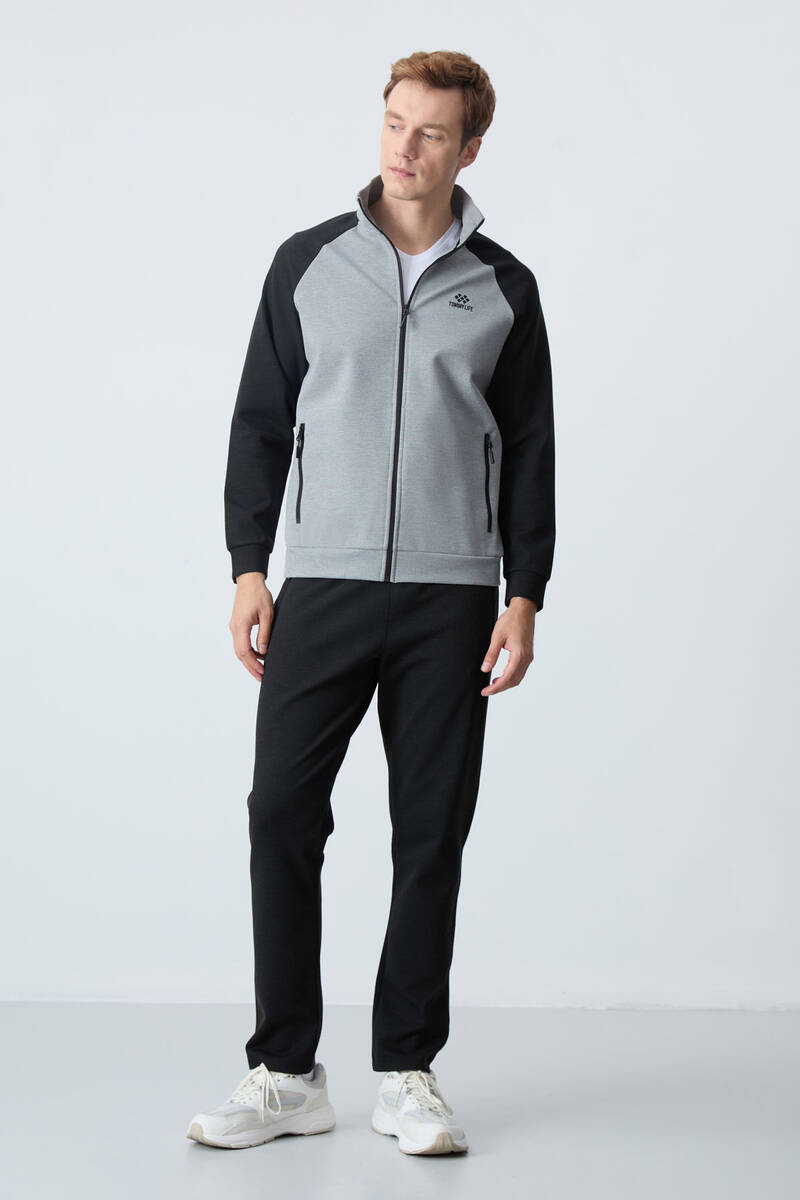 TOMMYLIFE - Tommylife Wholesale Comfort Fit Stand Collar Men's Tracksuit Set 85113 Gray Melange - Black