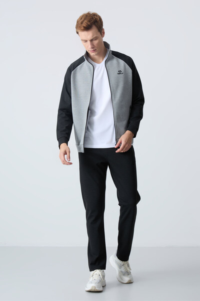 Tommylife Wholesale Comfort Fit Stand Collar Men's Tracksuit Set 85113 Gray Melange - Black - Thumbnail