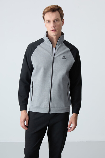 Tommylife Wholesale Comfort Fit Stand Collar Men's Tracksuit Set 85113 Gray Melange - Black - Thumbnail