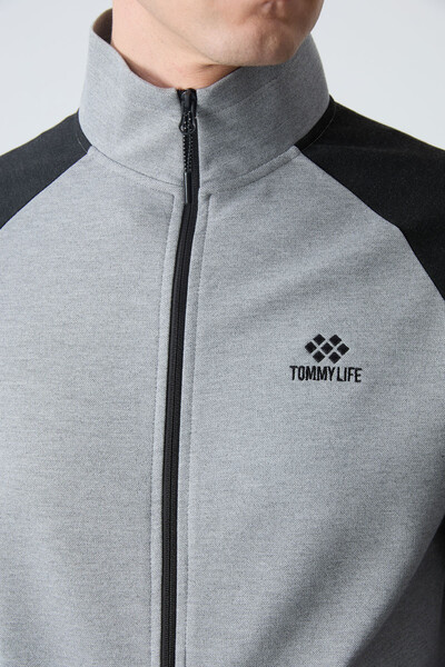 Tommylife Wholesale Comfort Fit Stand Collar Men's Tracksuit Set 85113 Gray Melange - Black - Thumbnail