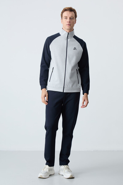 Tommylife Wholesale Comfort Fit Stand Collar Men's Tracksuit Set 85113 Gray - Navy Blue - Thumbnail