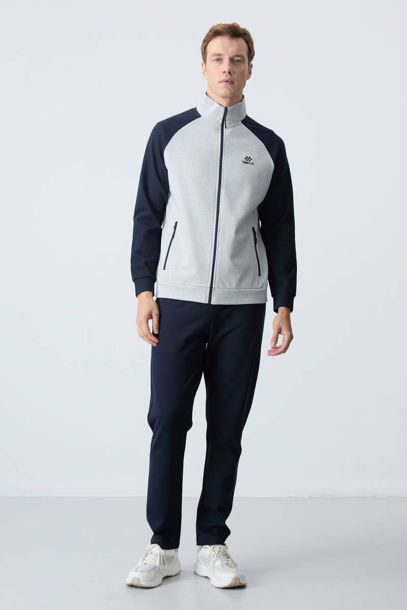 TOMMYLIFE - Tommylife Wholesale Comfort Fit Stand Collar Men's Tracksuit Set 85113 Gray - Navy Blue