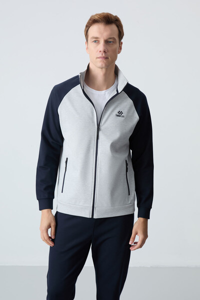 Tommylife Wholesale Comfort Fit Stand Collar Men's Tracksuit Set 85113 Gray - Navy Blue - Thumbnail