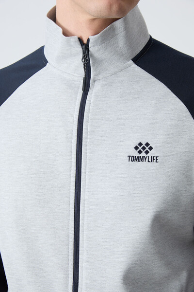 Tommylife Wholesale Comfort Fit Stand Collar Men's Tracksuit Set 85113 Gray - Navy Blue - Thumbnail