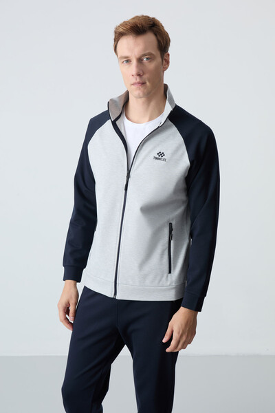 Tommylife Wholesale Comfort Fit Stand Collar Men's Tracksuit Set 85113 Gray - Navy Blue - Thumbnail