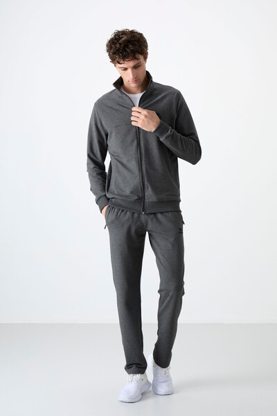 Tommylife Wholesale Comfort Fit Zippered Sweat Men's Tracksuit Set 85072 Anthracite Melange - Thumbnail