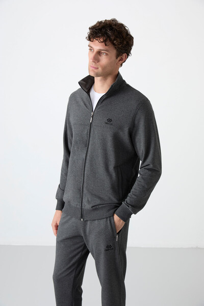 Tommylife Wholesale Comfort Fit Zippered Sweat Men's Tracksuit Set 85072 Anthracite Melange - Thumbnail