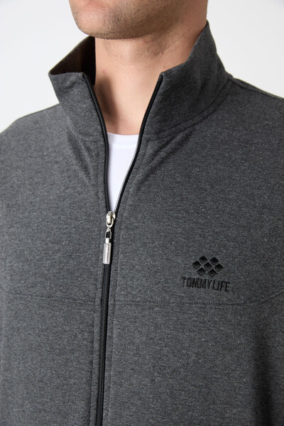 Tommylife Wholesale Comfort Fit Zippered Sweat Men's Tracksuit Set 85072 Anthracite Melange - Thumbnail