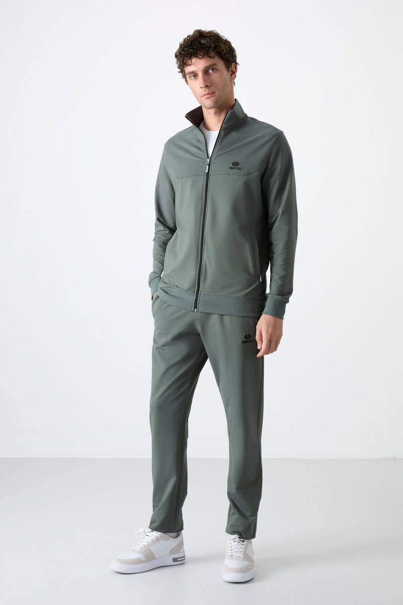 TOMMYLIFE - Tommylife Wholesale Comfort Fit Zippered Sweat Men's Tracksuit Set 85072 Khaki