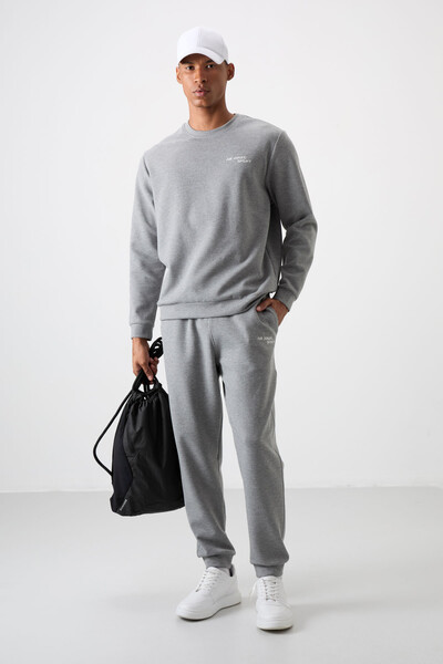 Tommylife Wholesale Comfy Basic Men's Tracksuit Set 85254 Gray Melange - Thumbnail