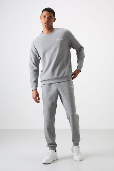 Tommylife Wholesale Comfy Basic Men's Tracksuit Set 85254 Gray Melange - Thumbnail