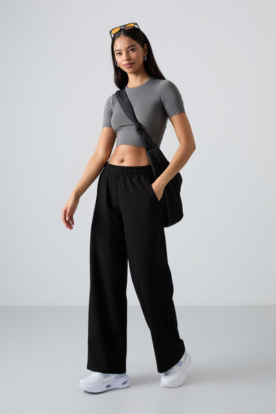 Tommylife Wholesale Comfy Wide Leg Women's Sweatpants 94567 Black - Thumbnail