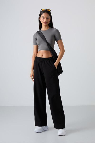 Tommylife Wholesale Comfy Wide Leg Women's Sweatpants 94567 Black - Thumbnail