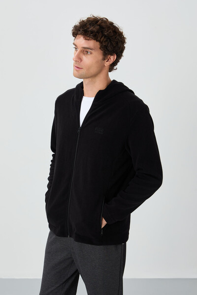 Tommylife Wholesale Connell Hooded Comfort Fit Zippered Men's Fleece Sweatshirt 88313 Black - Thumbnail