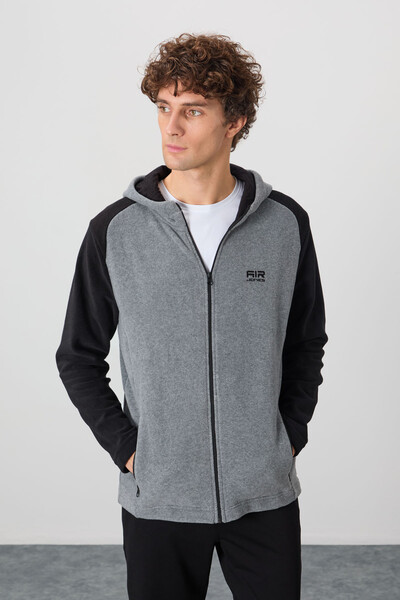 Tommylife Wholesale Connell Hooded Comfort Fit Zippered Men's Fleece Sweatshirt 88313 Gray Melange - Thumbnail