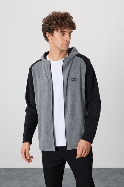 Tommylife Wholesale Connell Hooded Comfort Fit Zippered Men's Fleece Sweatshirt 88313 Gray Melange - Thumbnail