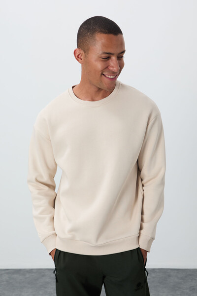 Tommylife Wholesale Crew Neck Comfort Fit Basic Men's Sweatshirt 88418 Beige - Thumbnail