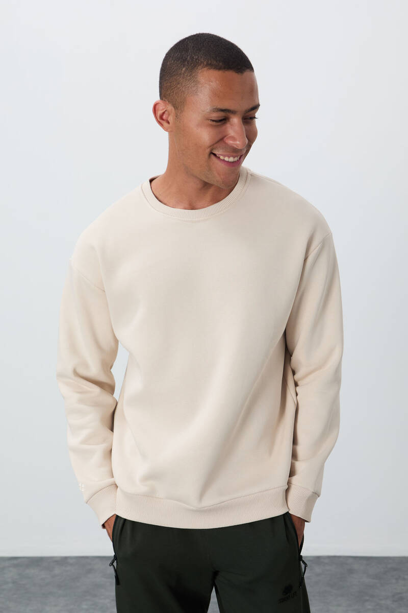 TommyLife - Tommylife Wholesale Crew Neck Comfort Fit Basic Men's Sweatshirt 88418 Beige