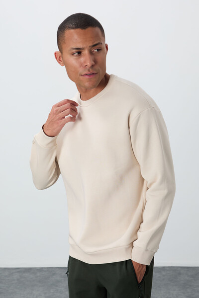 Tommylife Wholesale Crew Neck Comfort Fit Basic Men's Sweatshirt 88418 Beige - Thumbnail