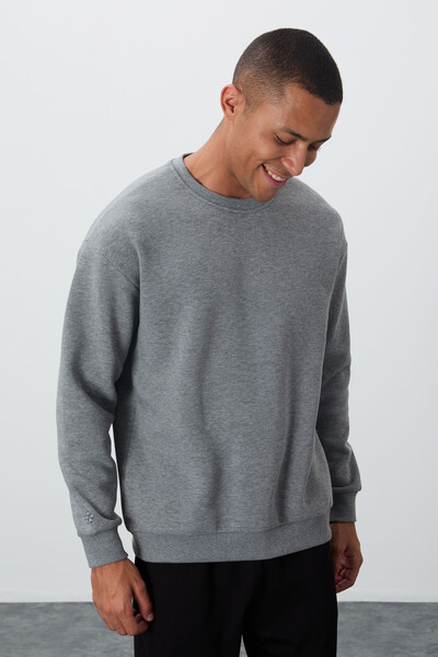 Tommylife Wholesale Crew Neck Comfort Fit Basic Men's Sweatshirt 88418 Gray Melange - Thumbnail