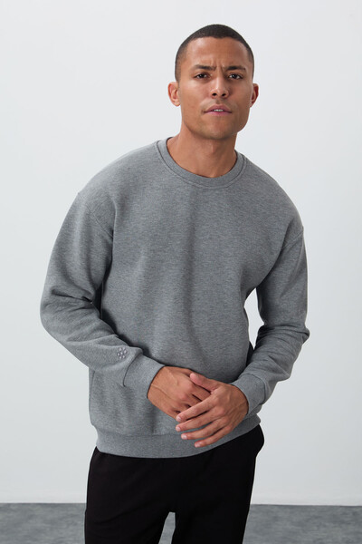 Tommylife Wholesale Crew Neck Comfort Fit Basic Men's Sweatshirt 88418 Gray Melange - Thumbnail