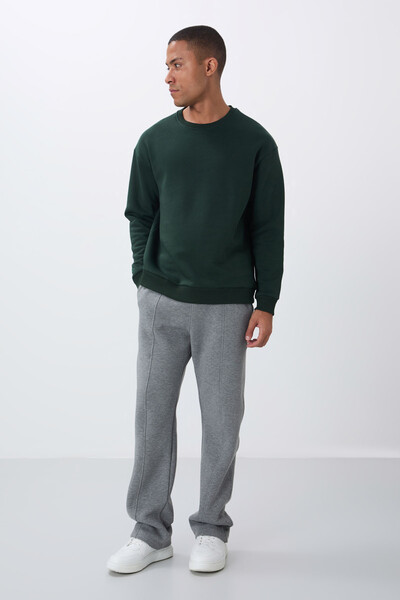 Tommylife Wholesale Crew Neck Comfort Fit Basic Men's Sweatshirt 88418 Pine Green - Thumbnail