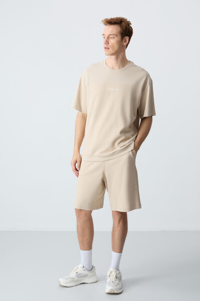 Tommylife Wholesale Crew Neck Oversize Basic Men's Shorts Set 85257 Beige - Thumbnail