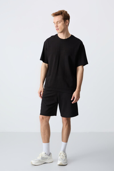 Tommylife Wholesale Crew Neck Oversize Basic Men's Shorts Set 85257 Black - Thumbnail