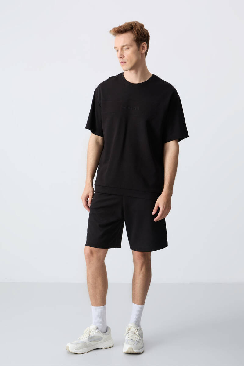 TommyLife - Tommylife Wholesale Crew Neck Oversize Basic Men's Shorts Set 85257 Black
