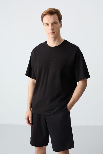 Tommylife Wholesale Crew Neck Oversize Basic Men's Shorts Set 85257 Black - Thumbnail