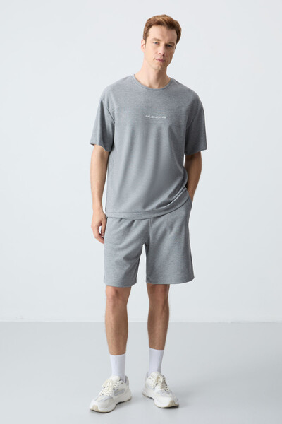 Tommylife Wholesale Crew Neck Oversize Basic Men's Shorts Set 85257 Gray Melange - Thumbnail