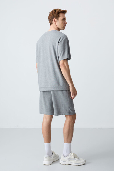 Tommylife Wholesale Crew Neck Oversize Basic Men's Shorts Set 85257 Gray Melange - Thumbnail