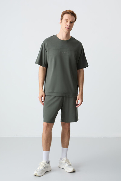 Tommylife Wholesale Crew Neck Oversize Basic Men's Shorts Set 85257 Khaki - Thumbnail