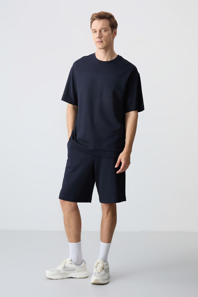 Tommylife Wholesale Crew Neck Oversize Basic Men's Shorts Set 85257 Navy Blue - Thumbnail