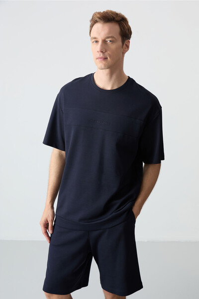 Tommylife Wholesale Crew Neck Oversize Basic Men's Shorts Set 85257 Navy Blue - Thumbnail