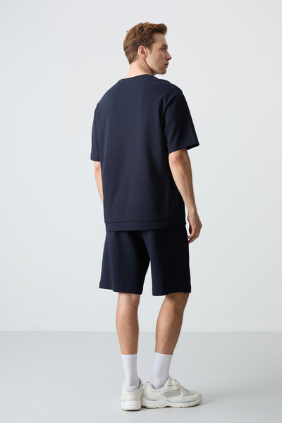 Tommylife Wholesale Crew Neck Oversize Basic Men's Shorts Set 85257 Navy Blue - Thumbnail