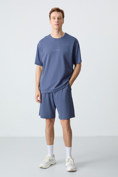 Tommylife Wholesale Crew Neck Oversize Basic Men's Shorts Set 85257 Petrol - Thumbnail